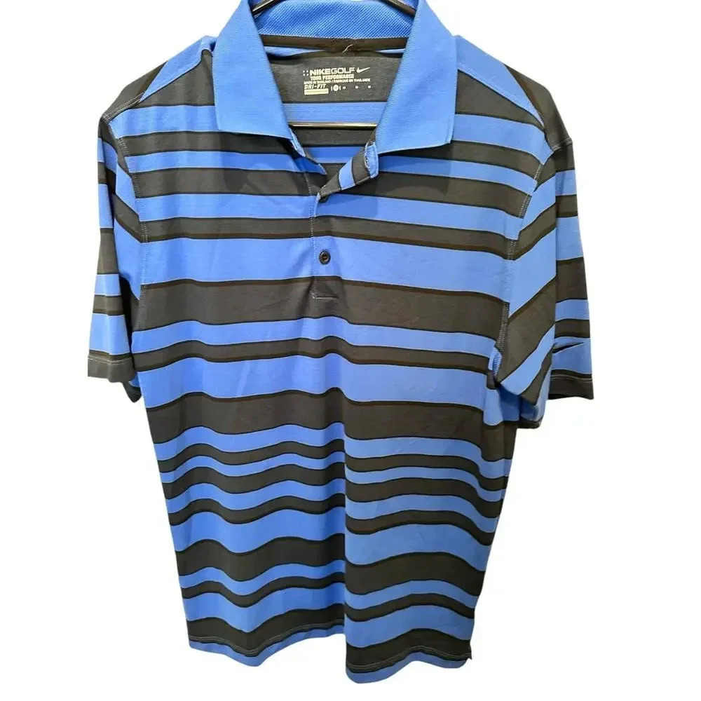 Nike Golf Tour Performance Blue Striped Dri-Fit Polo Shirt Size M